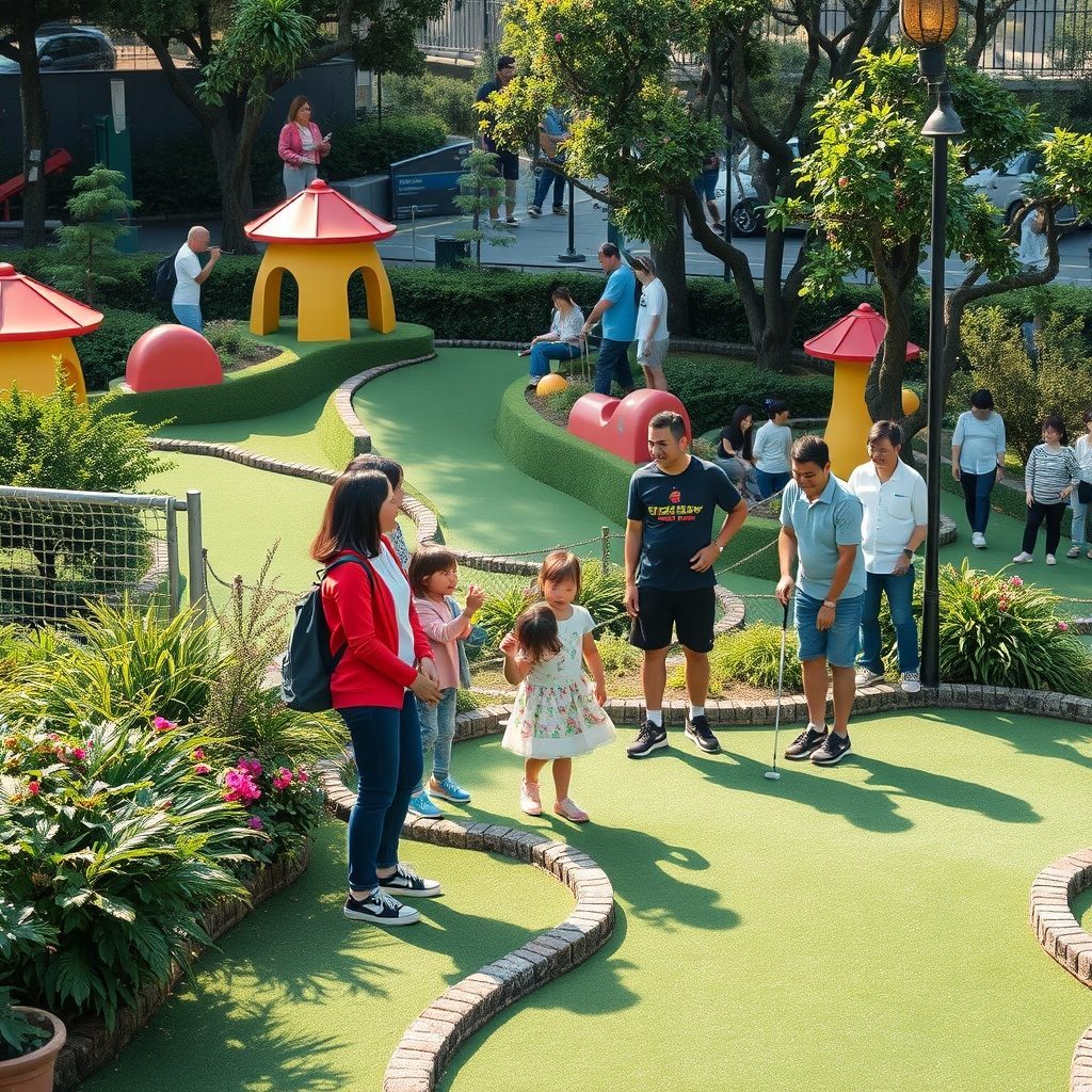 A family enjoying mini golf at Puttpark