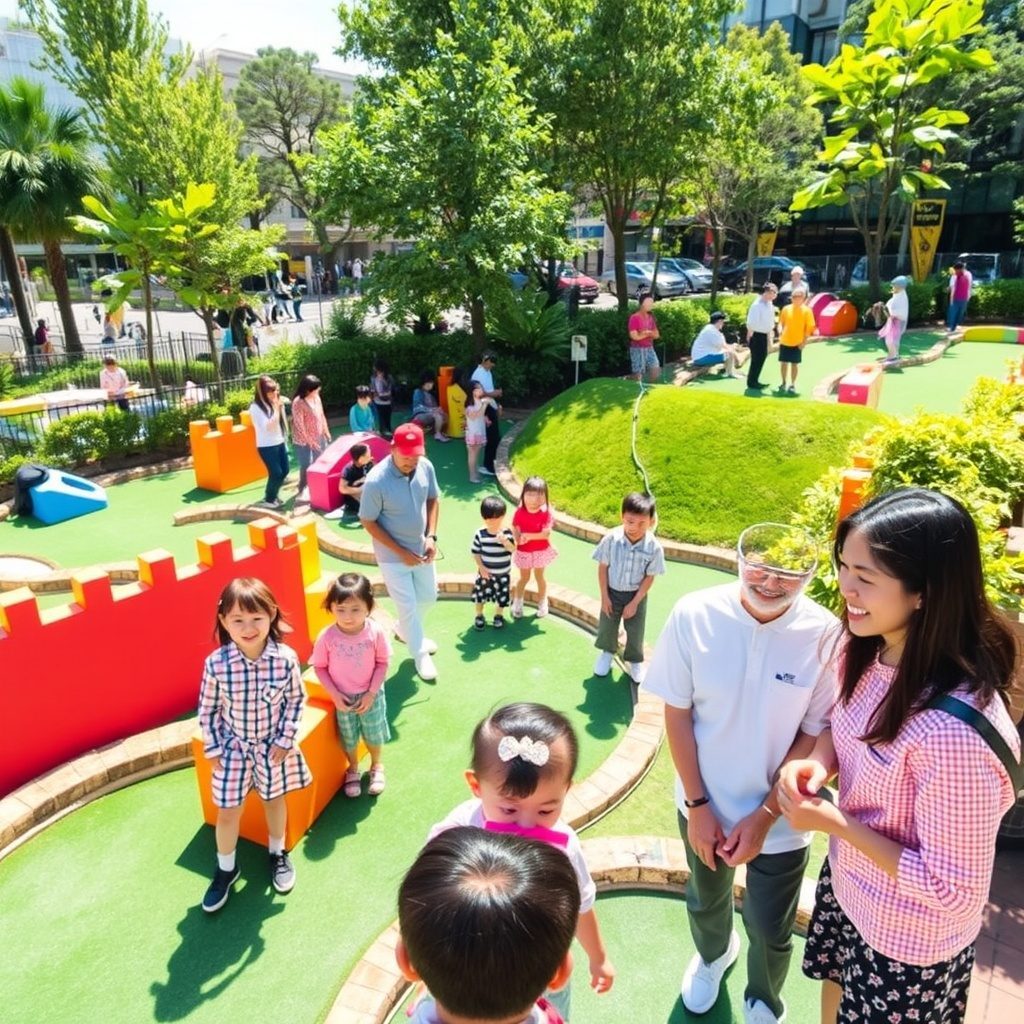 Family enjoying mini golf at Puttpark