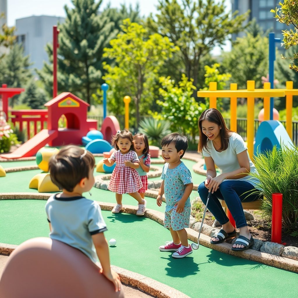 Family enjoying mini golf